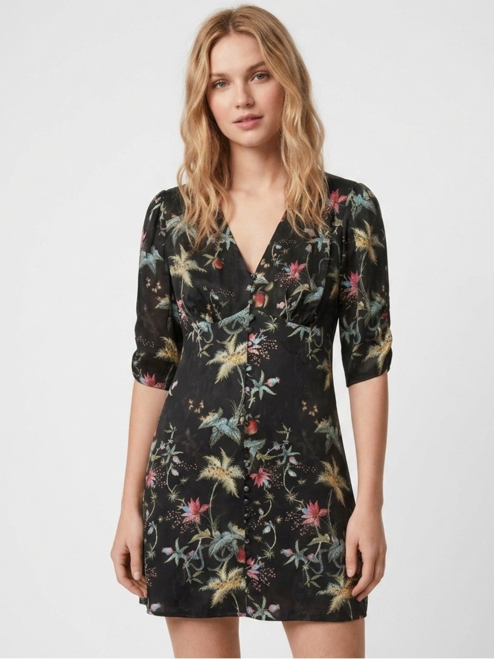 AllSaints Kota Evolution Viscose Silk Butterfly Floral Print Dress Small